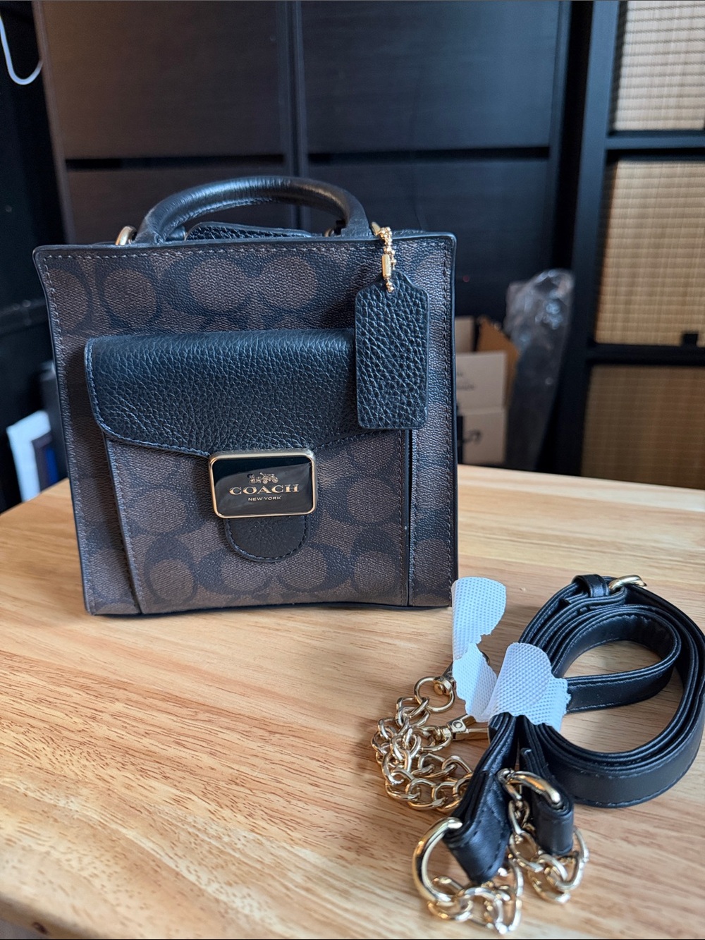 Coach Small Signature Mini Top-Handle Bag in Dark Brown and Black